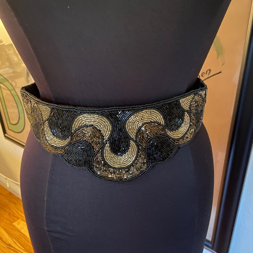Nordstrom Vintage 80"s Metallic Black, Gold Bronze Sequin Belt w/ Velcro Closure